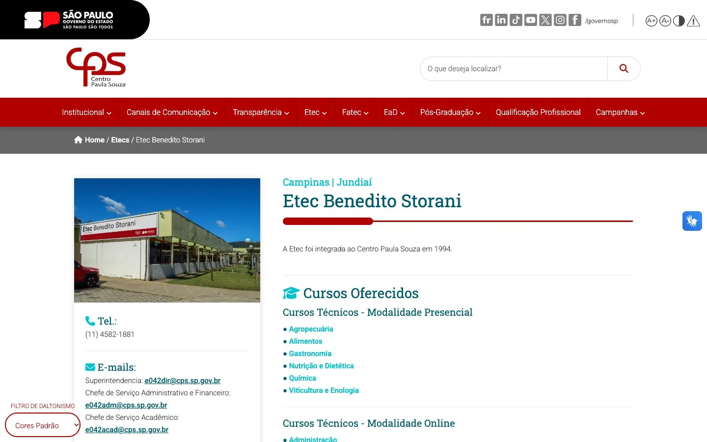 Сайт школы Etec Benedito Storani