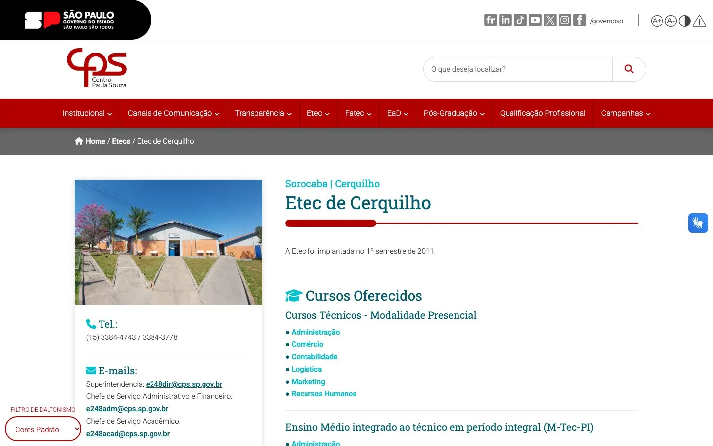 The website of Etec de Cerquilho