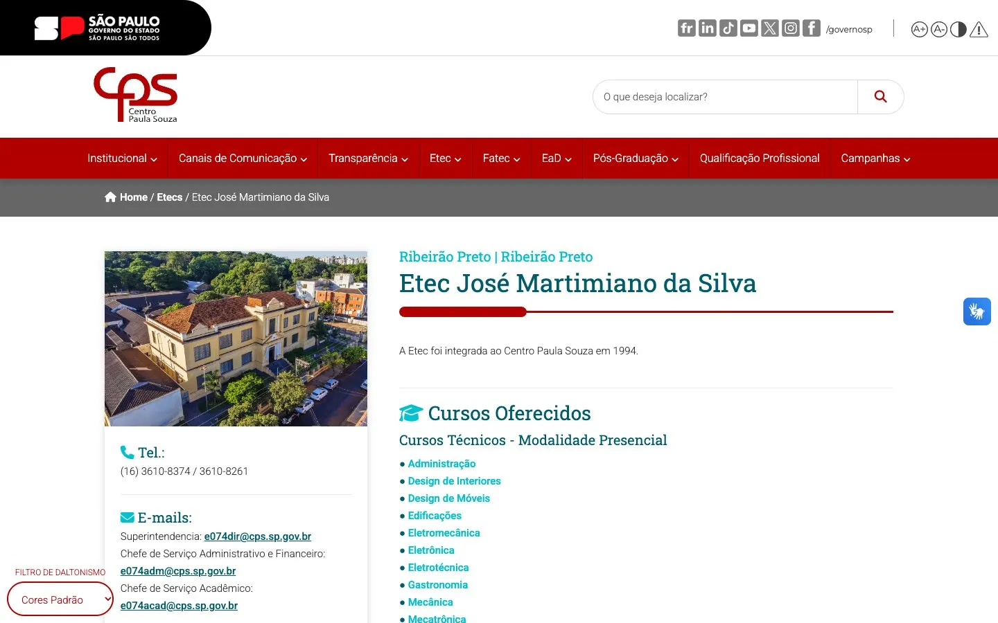 The website of Etec José Martimiano da Silva