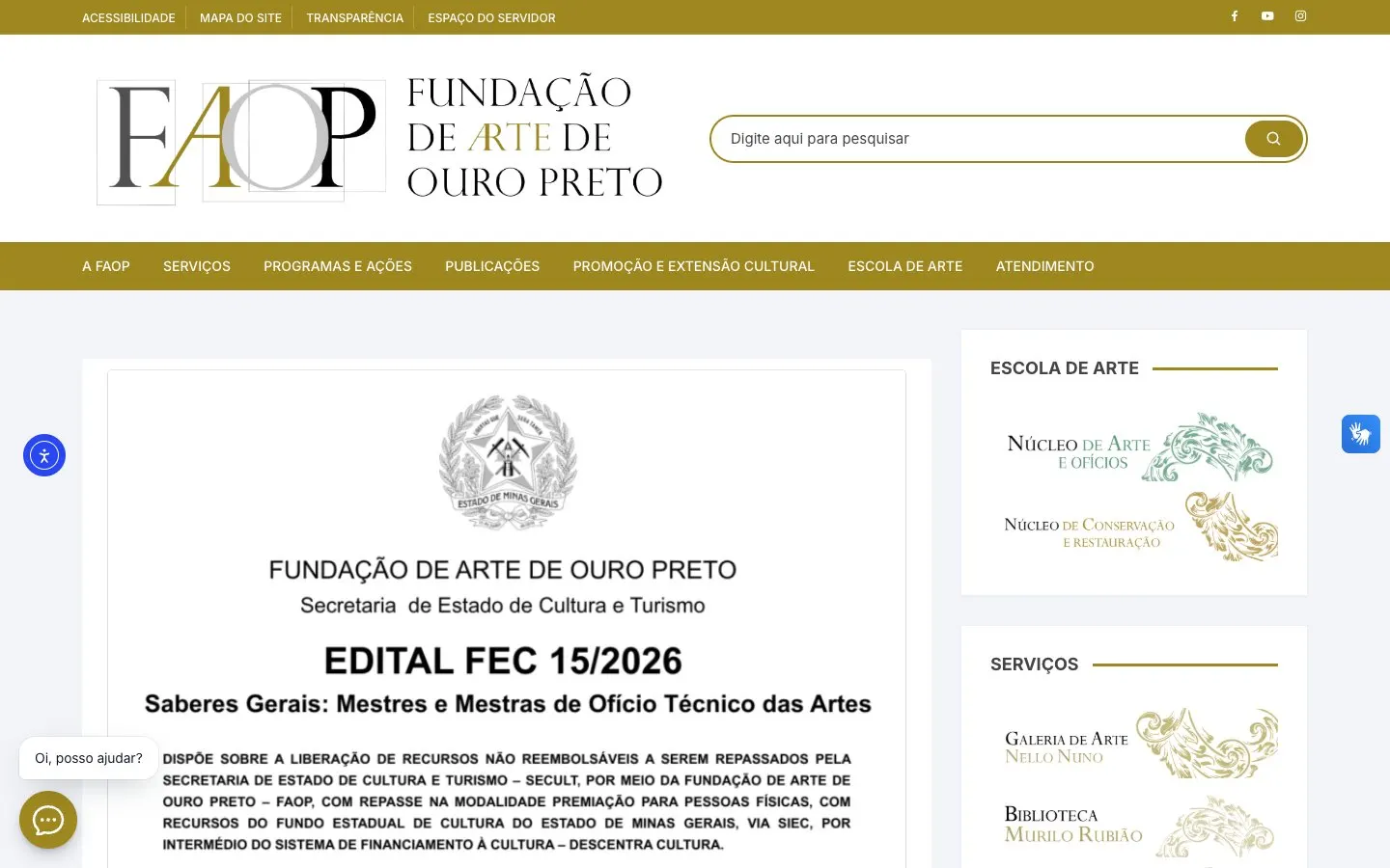 The website of FAOP – Fundação de Arte de Ouro Preto