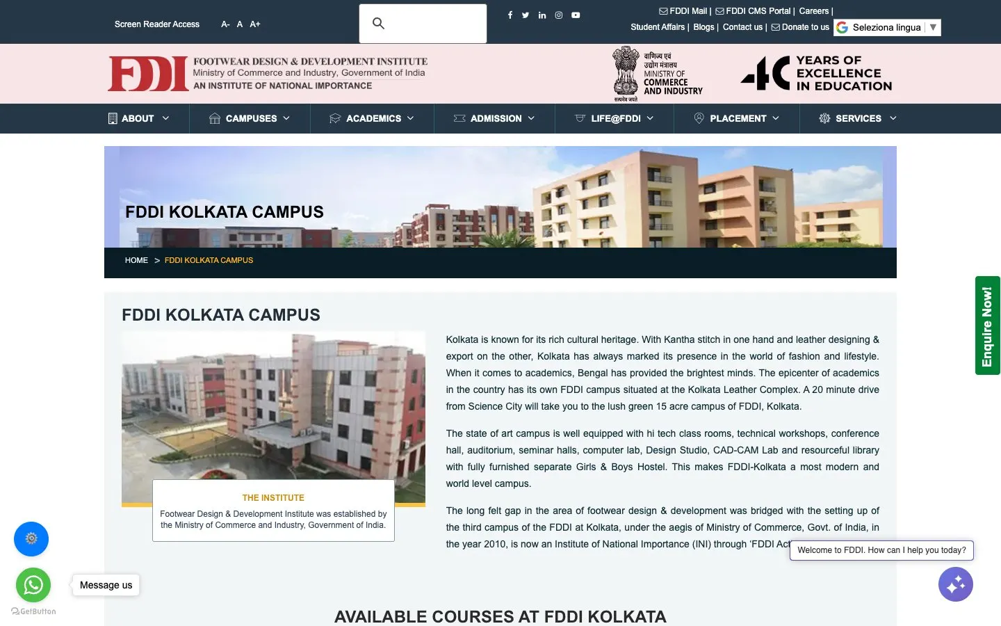 El sitio web de FDDI Kolkata