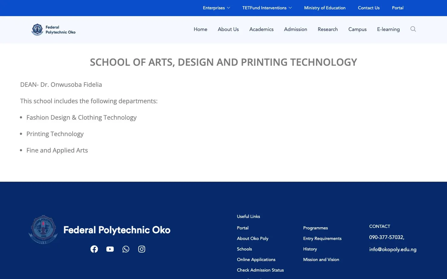 The website of Federal Polytechnic Oko – School of Arts, Design and Printing Technology