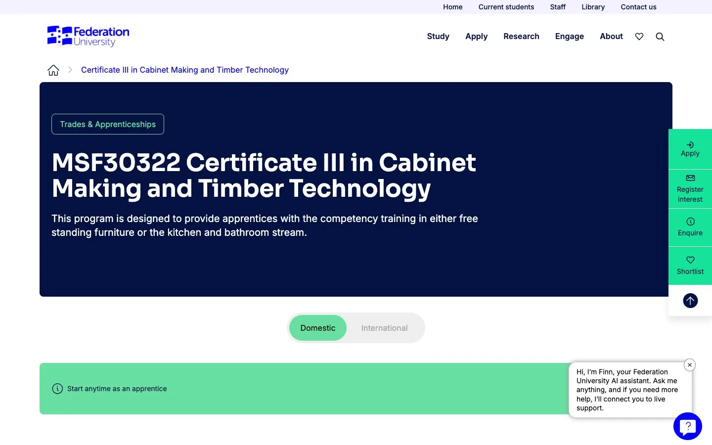 The website of Federation University – Federation TAFE (Cabinet Making and Furniture)