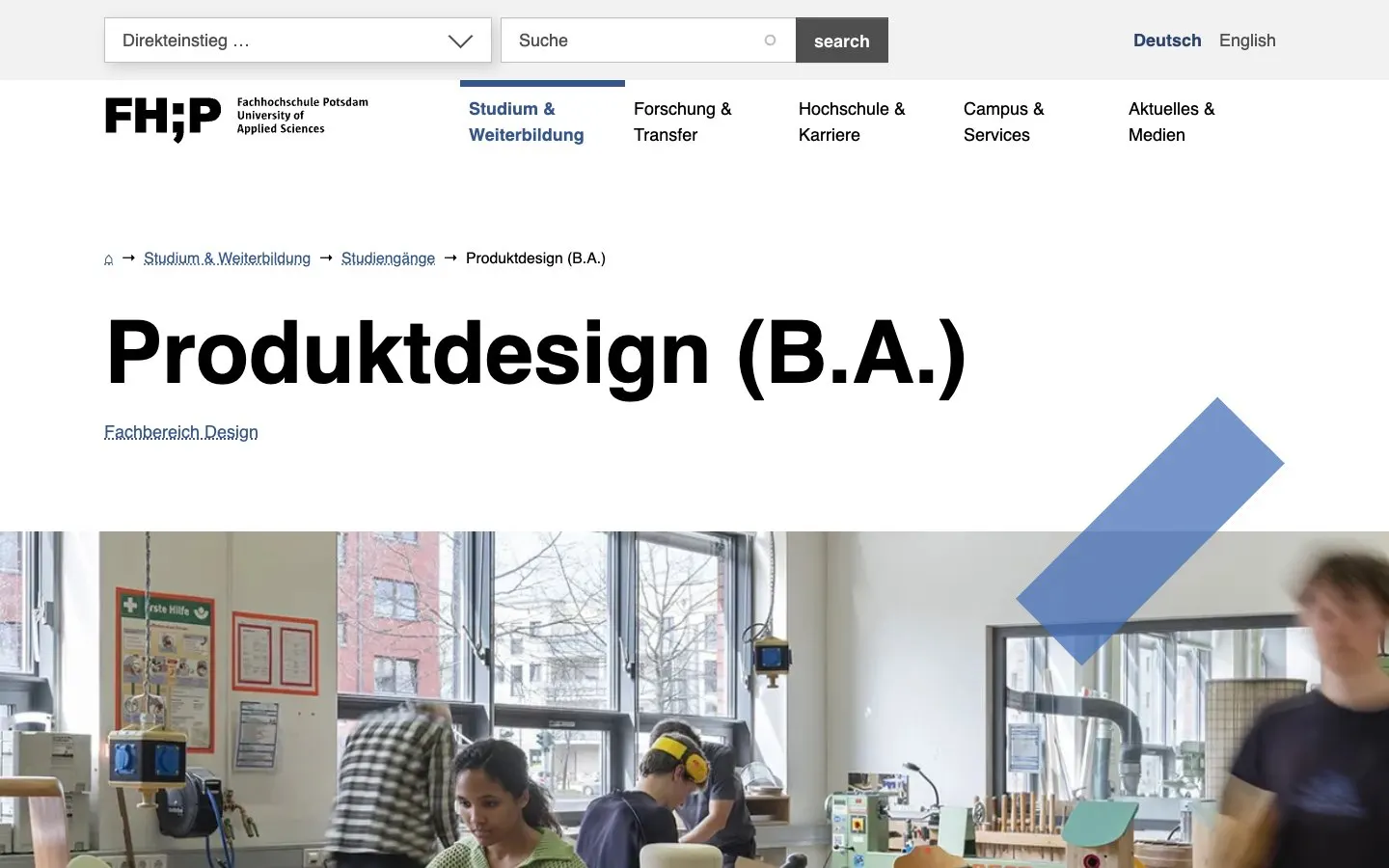 El sitio web de FH Potsdam – Produktdesign und Konservierung und Restaurierung