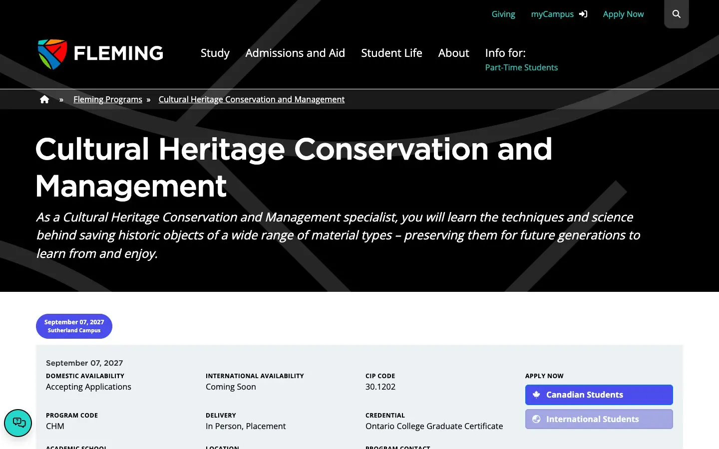 Il sito di Fleming College - Cultural Heritage Conservation and Management