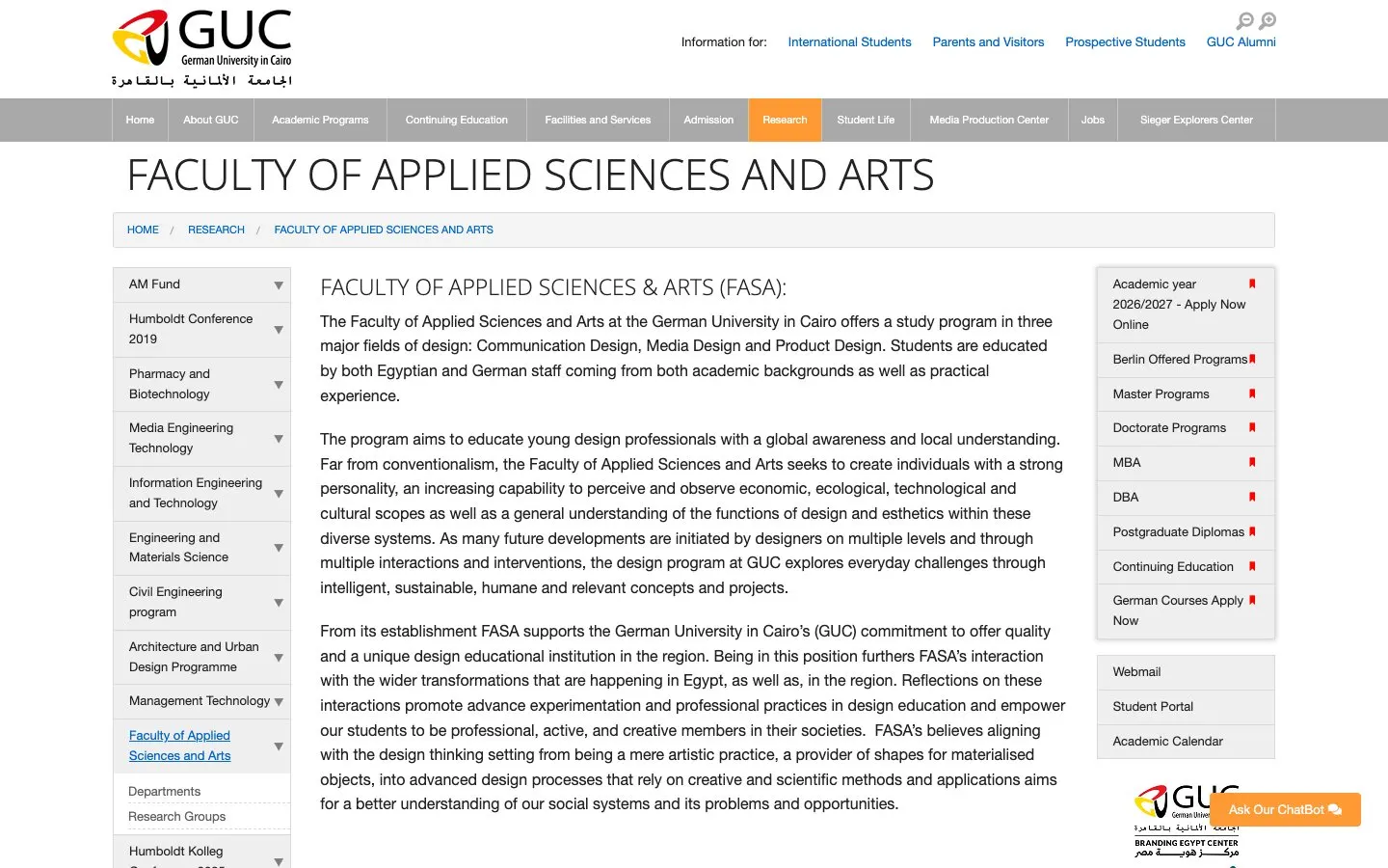 Die Website von German University in Cairo – Faculty of Applied Sciences and Arts