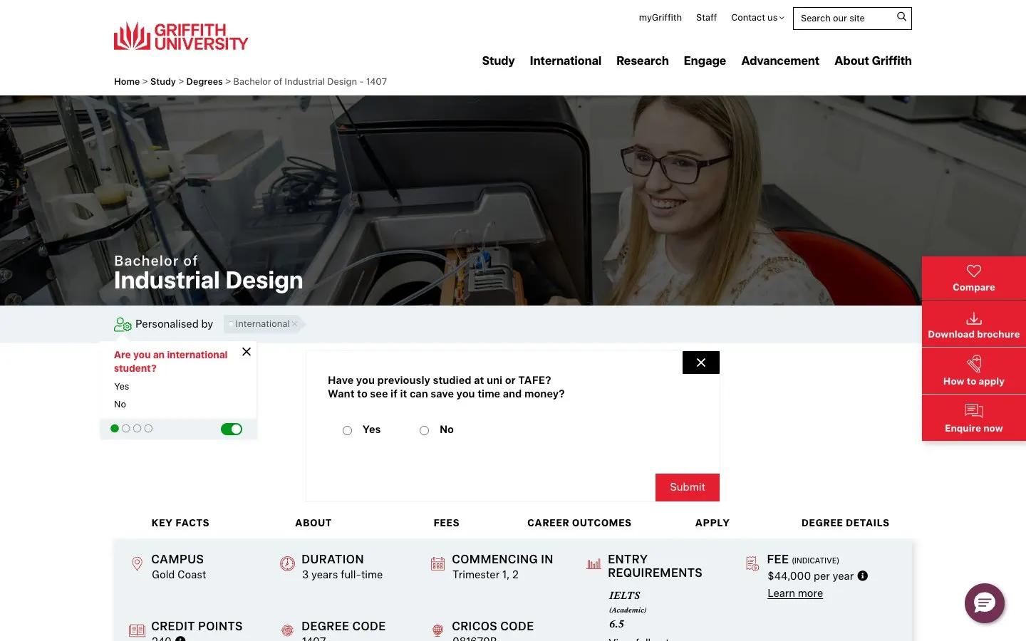 The website of Griffith University – Industrial Design