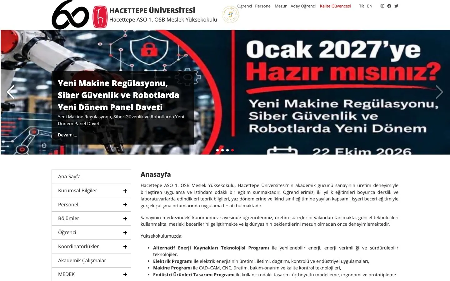 The website of Hacettepe Üniversitesi – Hacettepe Ankara Sanayi Odası 1. OSB Meslek Yüksekokulu