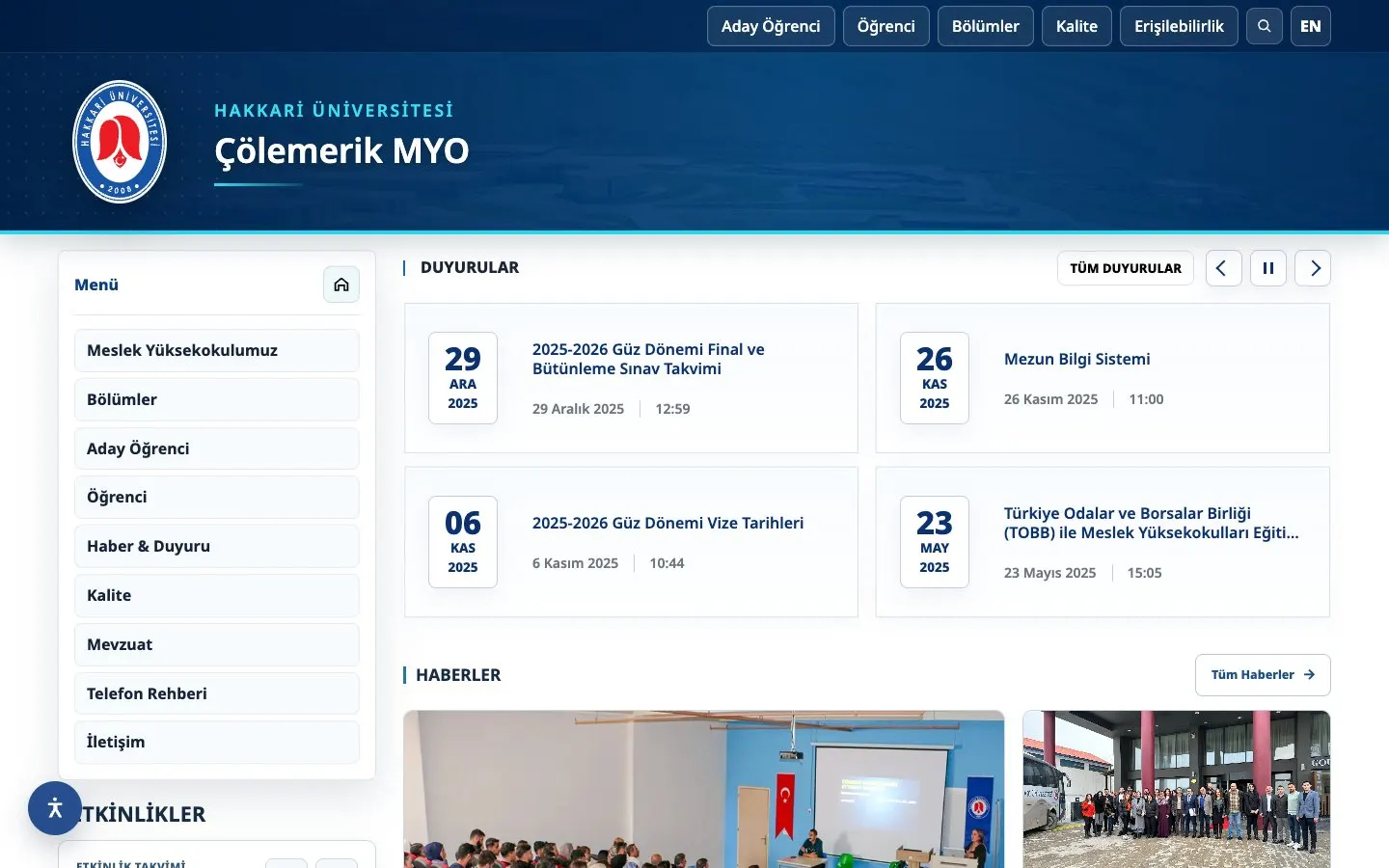El sitio web de Hakkari Üniversitesi – Çölemerik Meslek Yüksekokulu