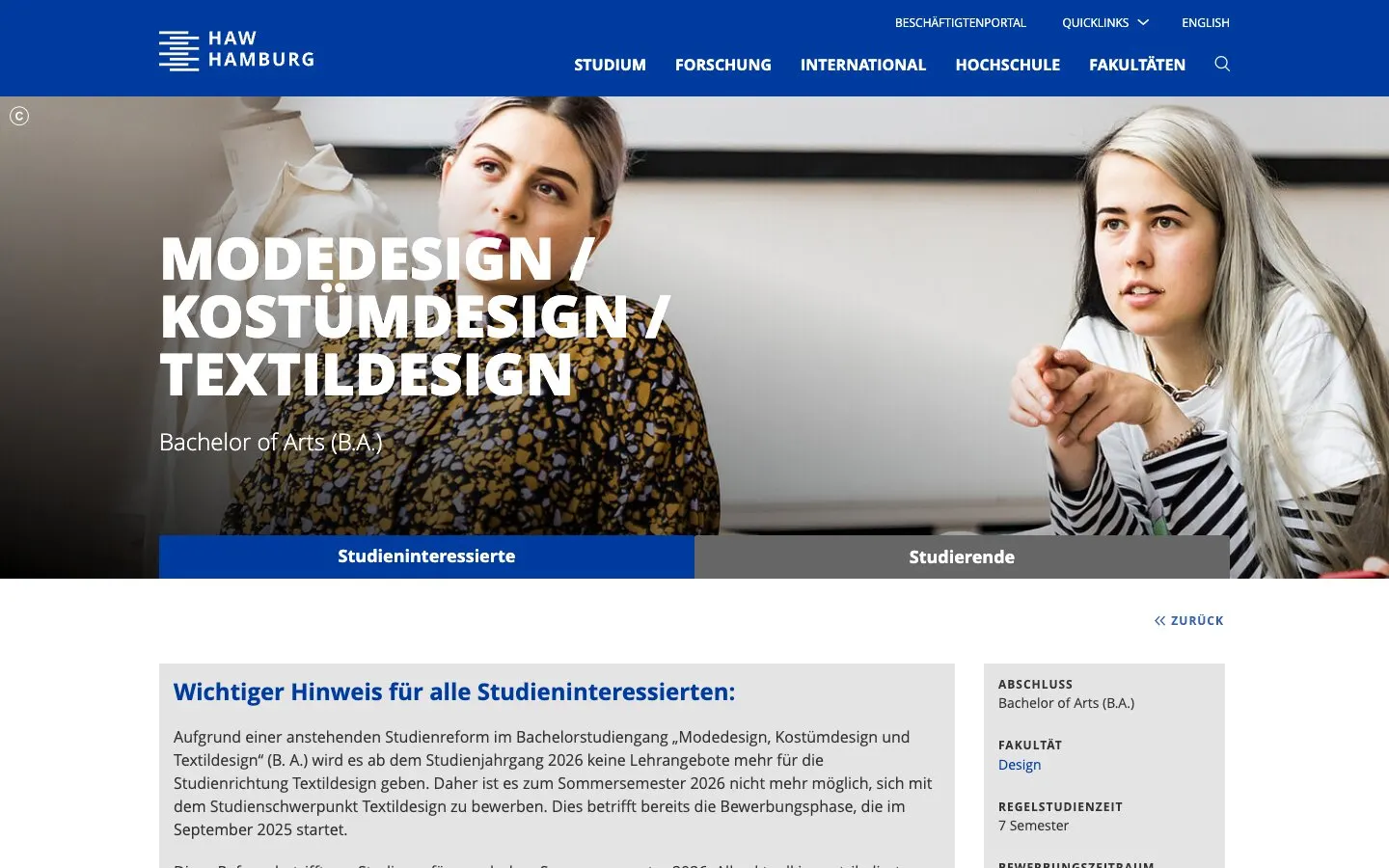 The website of HAW Hamburg – Mode / Kostüm / Textildesign