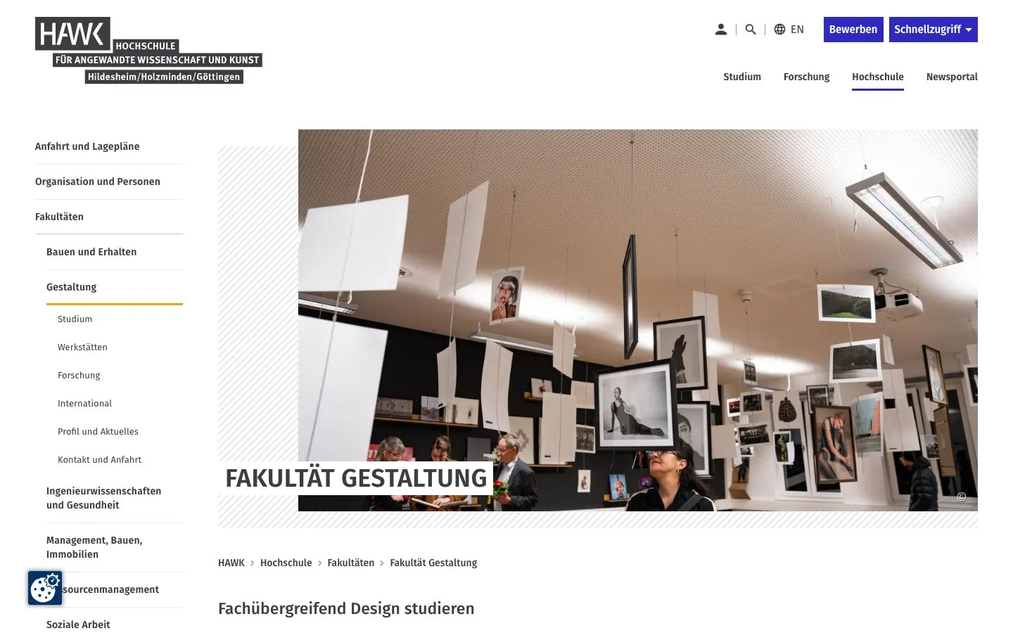 The website of HAWK – Fakultät Gestaltung