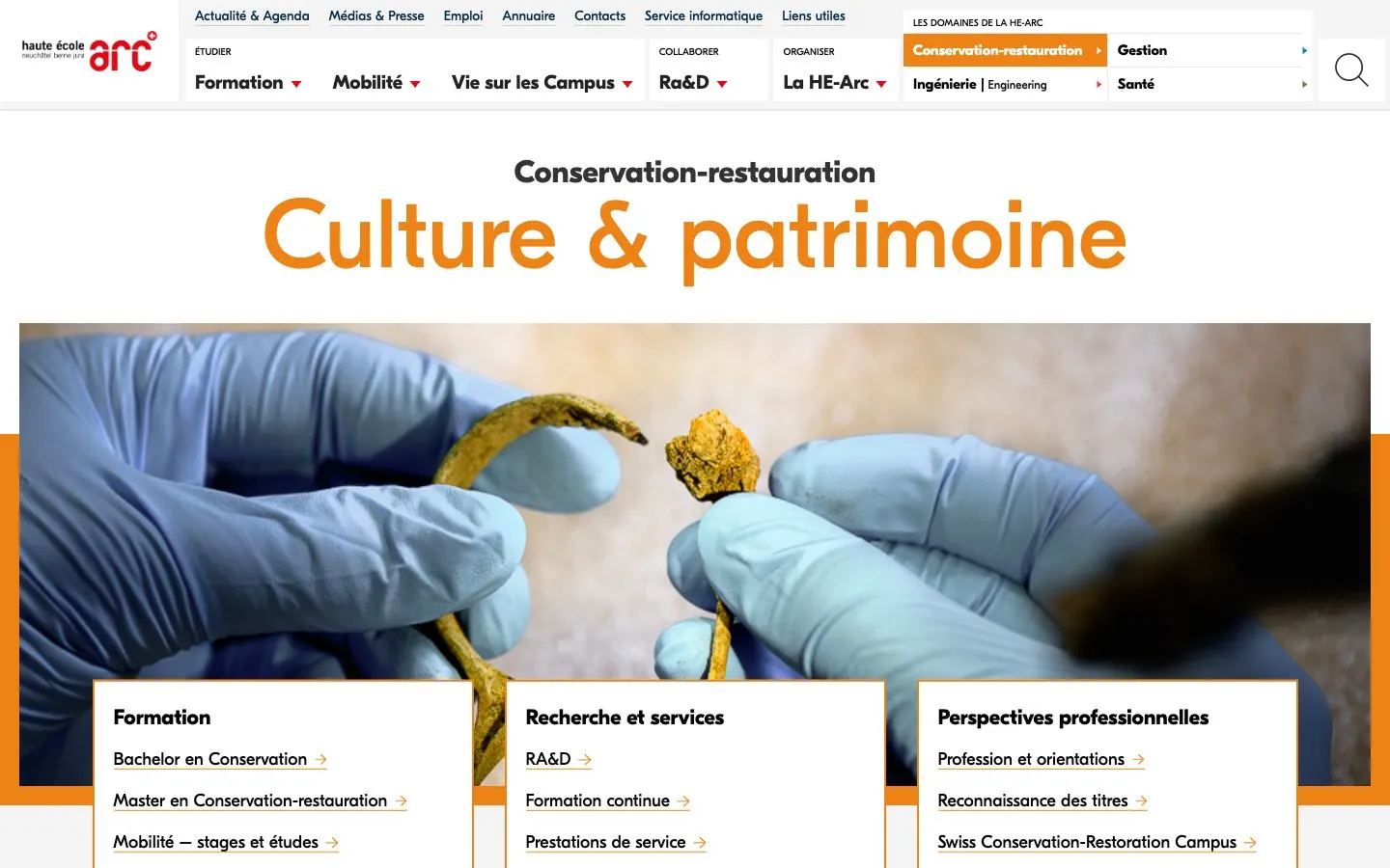 The website of HE-Arc Conservation-restauration