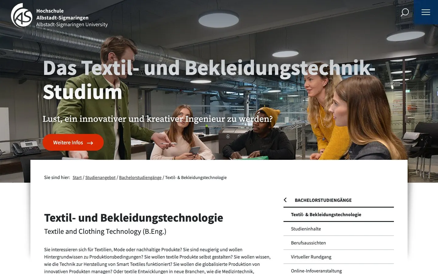 The website of Hochschule Albstadt-Sigmaringen – Textil- und Bekleidungstechnologie