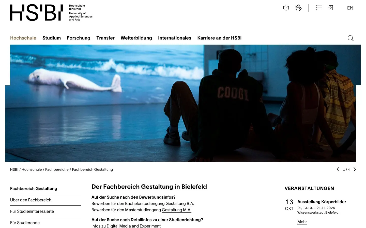 El sitio web de Hochschule Bielefeld – Gestaltung (Mode)