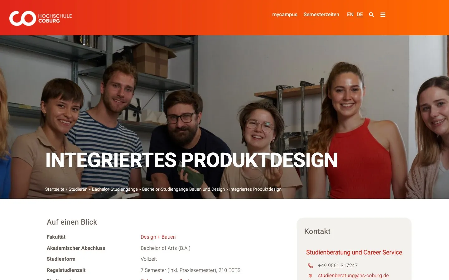 The website of Hochschule Coburg – Integriertes Produktdesign