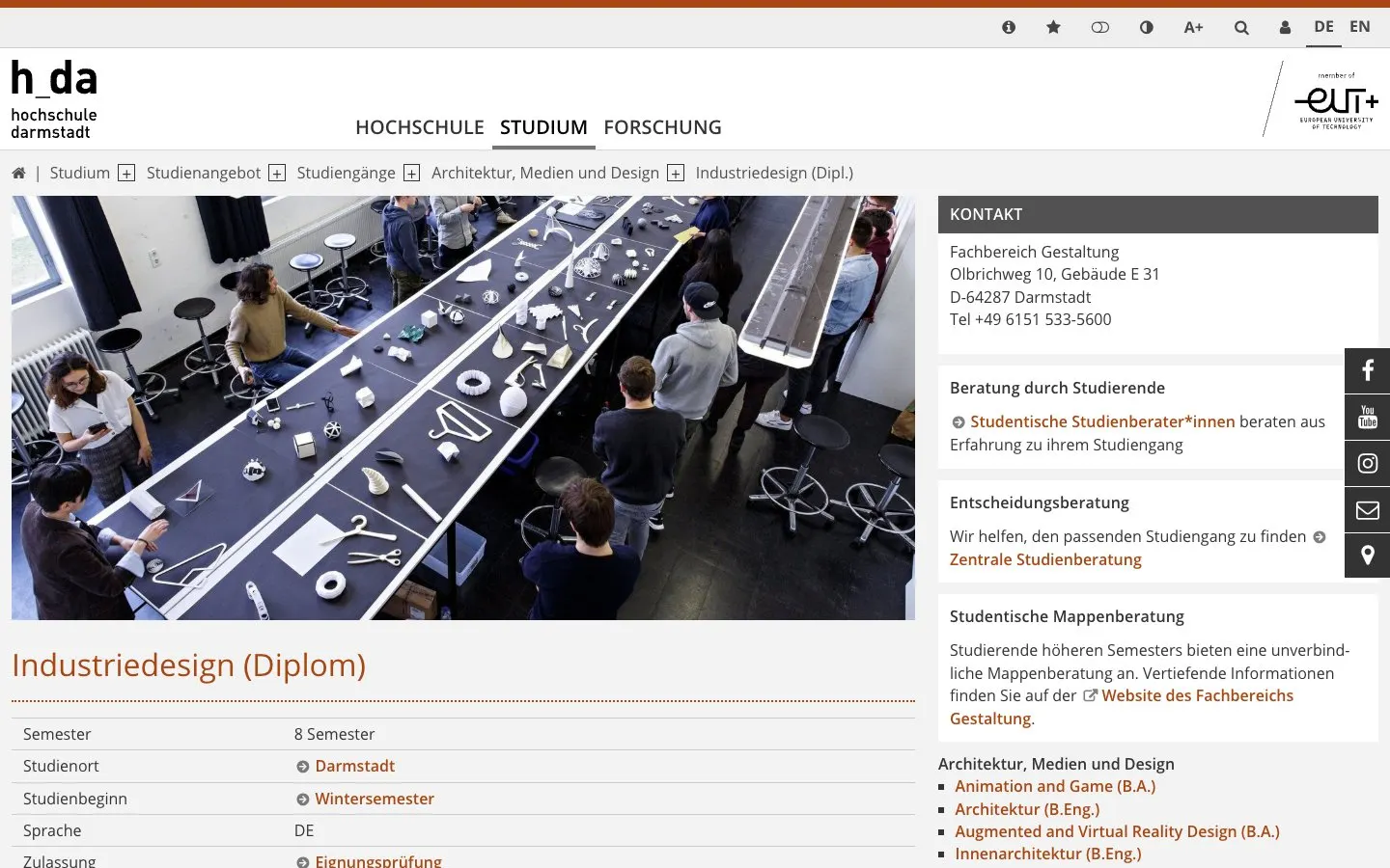 The website of Hochschule Darmstadt – Industriedesign