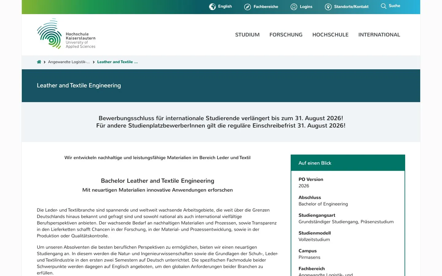 Die Website von Hochschule Kaiserslautern – Leather and Textile Engineering (Campus Pirmasens)