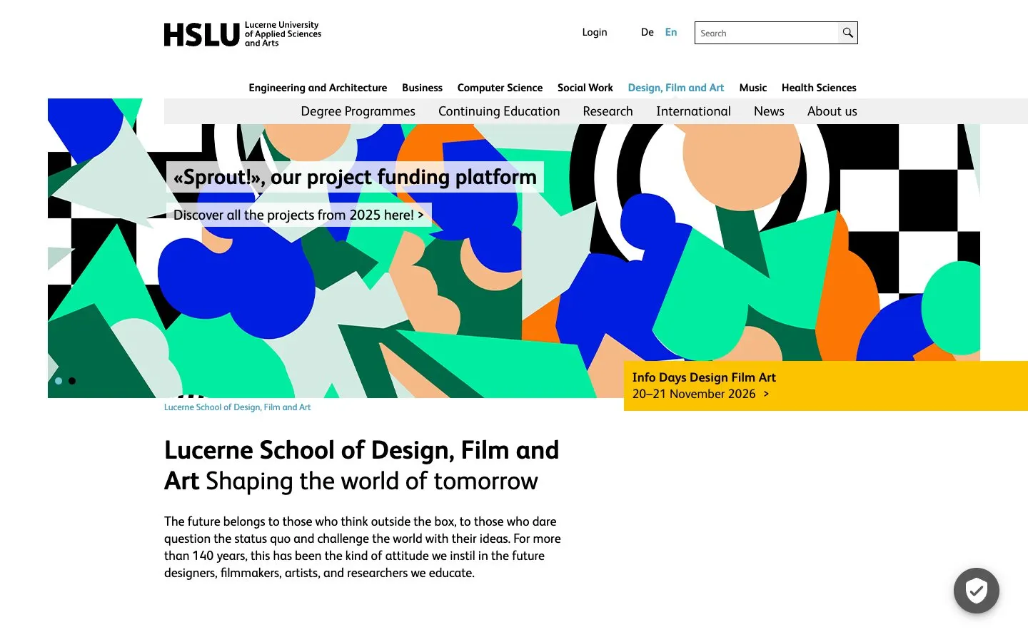 The website of Lucerne School of Design, Film and Art