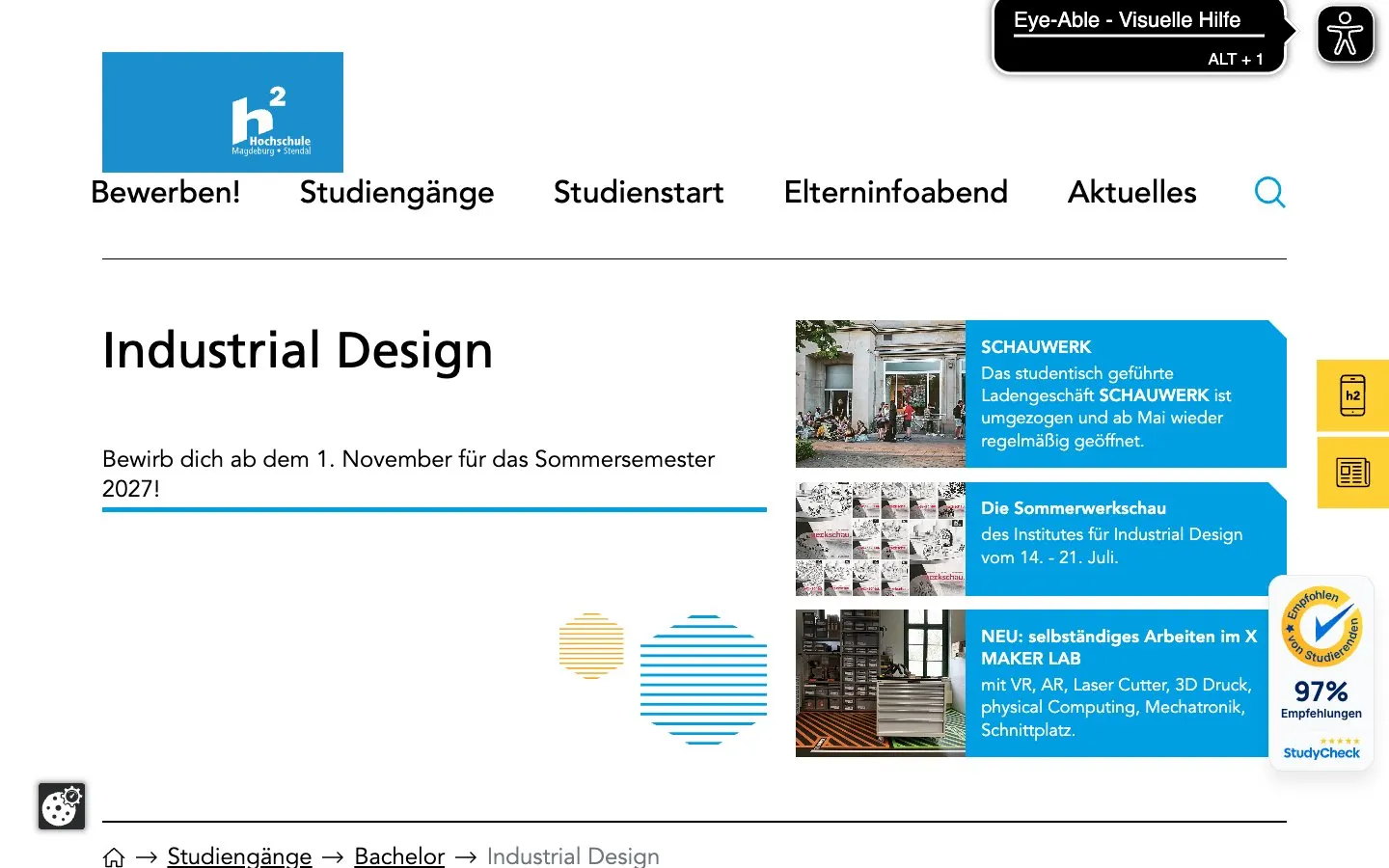 The website of Hochschule Magdeburg-Stendal – Industrial Design
