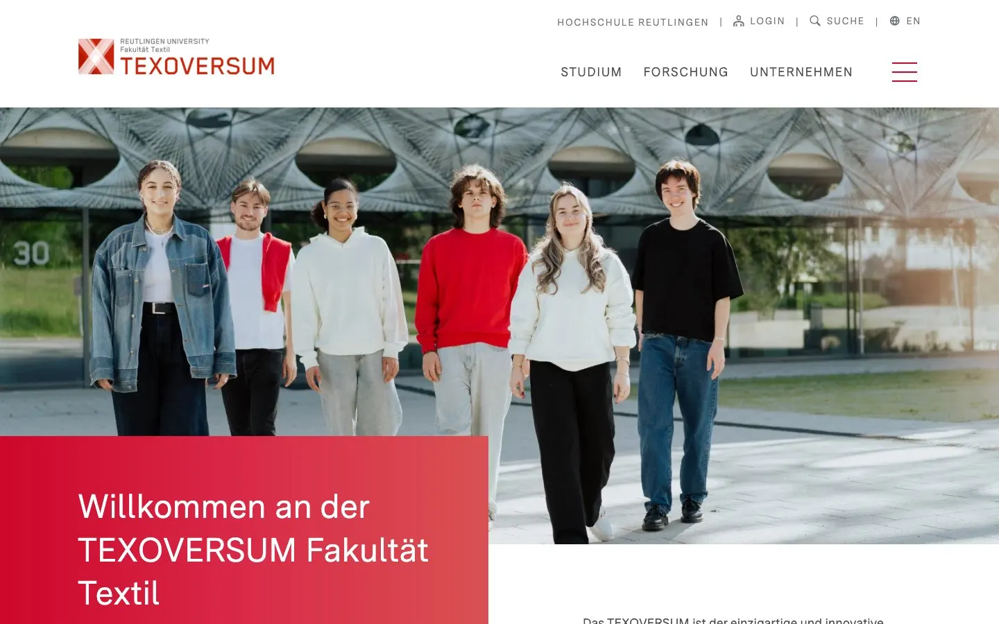 The website of Hochschule Reutlingen – TEXOVERSUM Fakultät Textil
