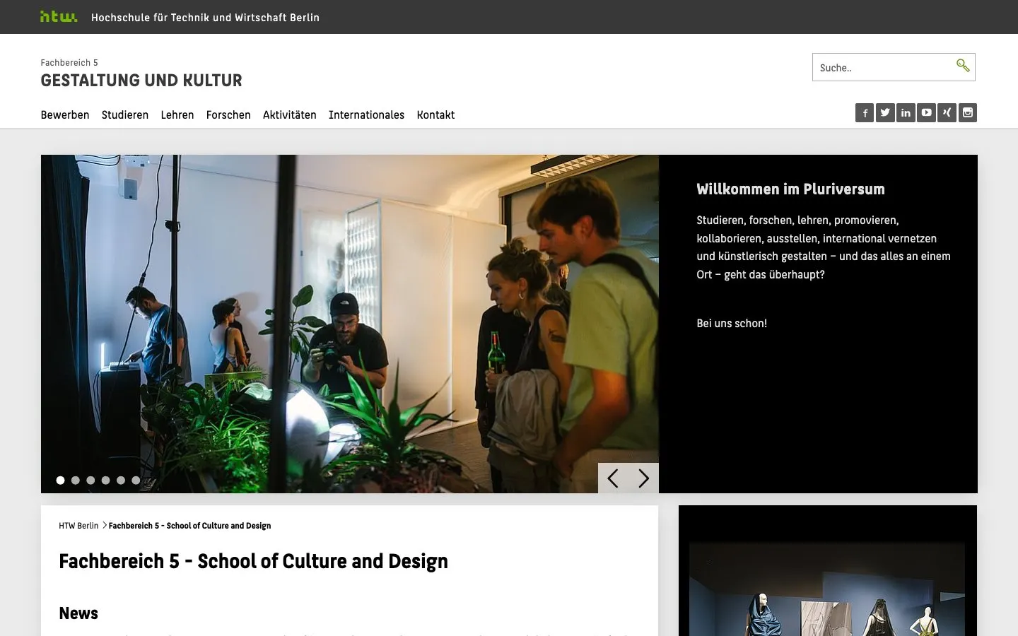 El sitio web de HTW Berlin – Gestaltung und Kultur (Mode, Industrial Design, Restaurierung)