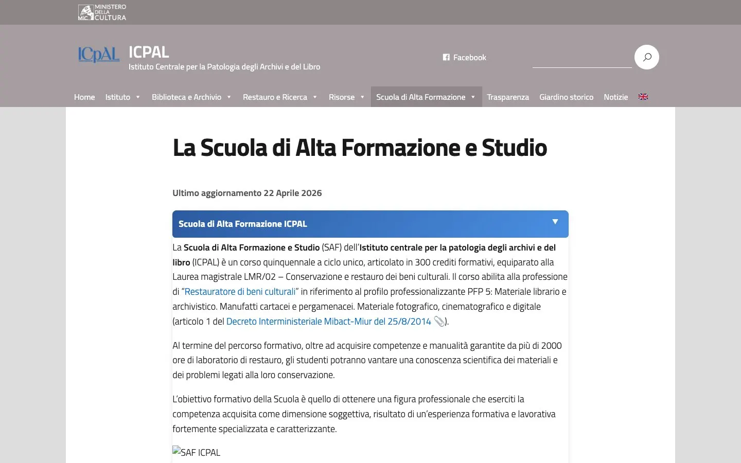 Die Website von ICPAL – Scuola di Alta Formazione e Studio