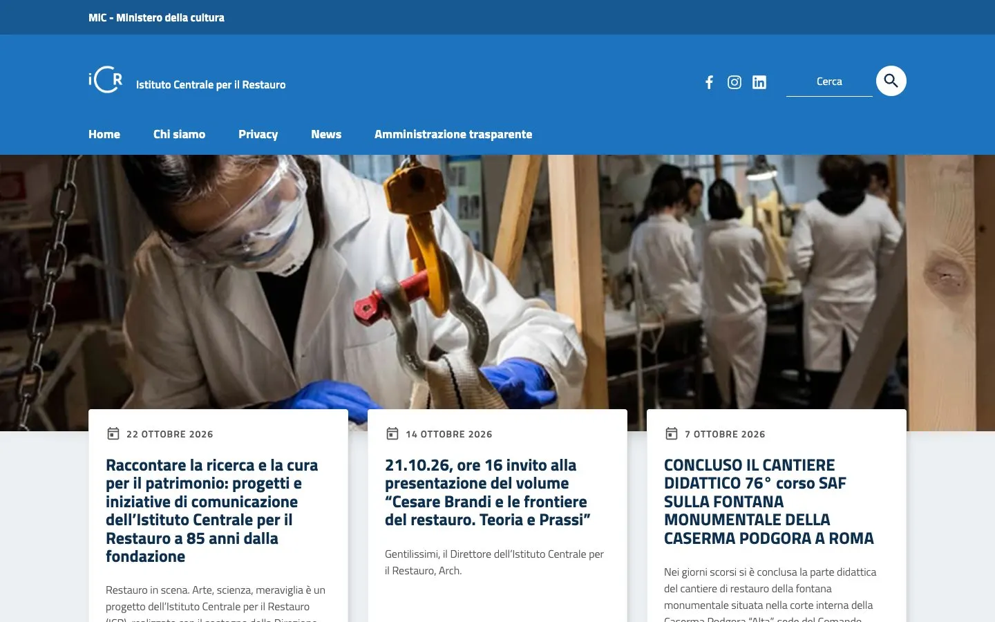 El sitio web de ICR – Istituto Centrale per il Restauro, Scuola di Alta Formazione e Studio