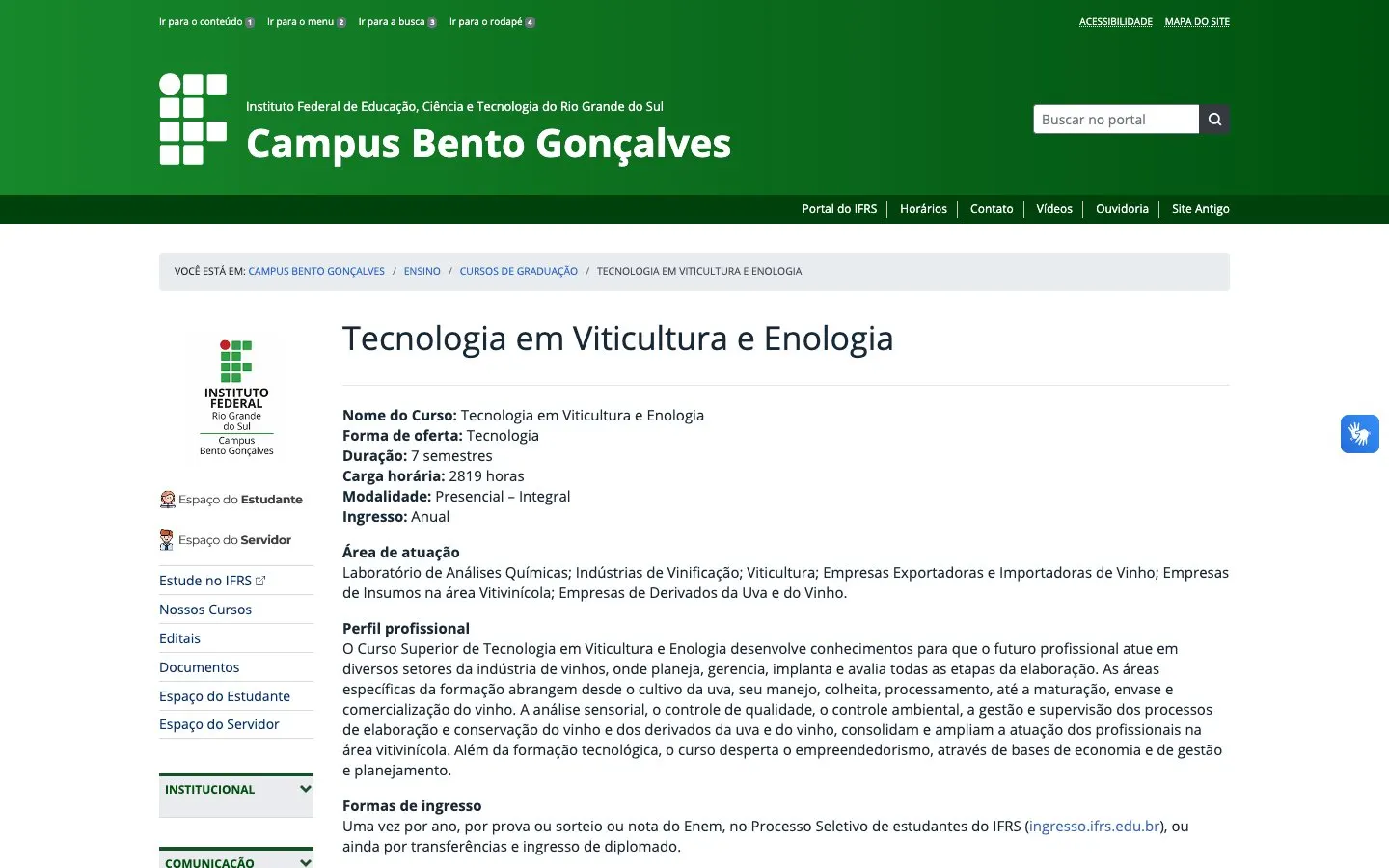The website of IFRS – Campus Bento Gonçalves