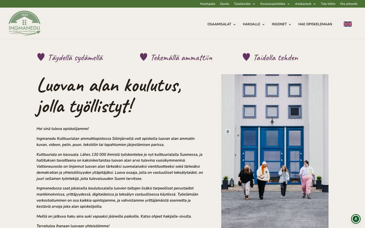 The website of Ingmanedu Kulttuurialan ammattiopisto