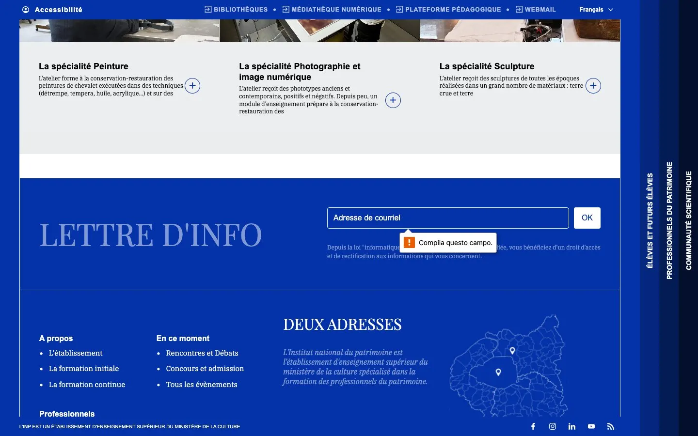 Die Website von Institut national du patrimoine – département des restaurateurs