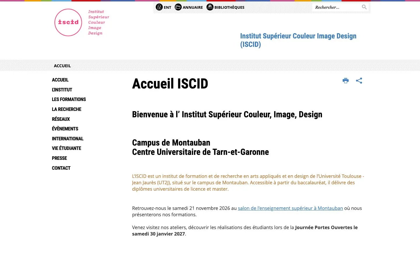 The website of Institut Supérieur Couleur, Image, Design (ISCID)