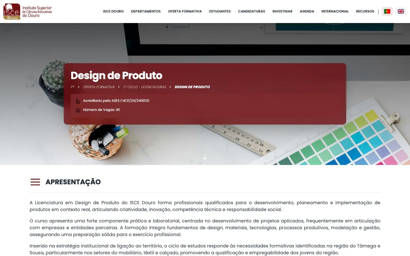The website of ISCE Douro – Design de Produto