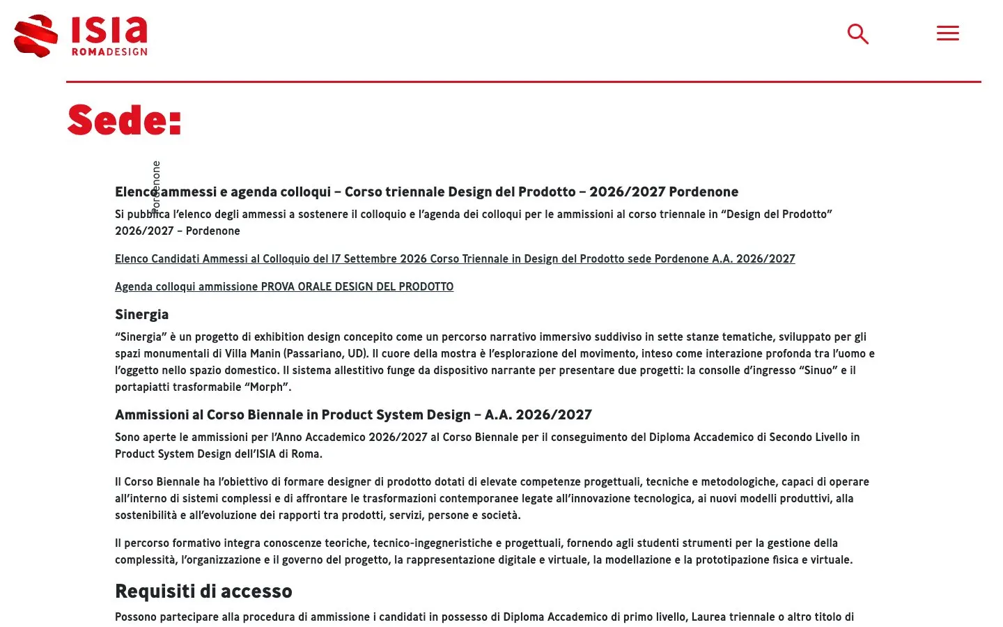 الموقع الإلكتروني لـ ISIA Roma Design – Pordenone
