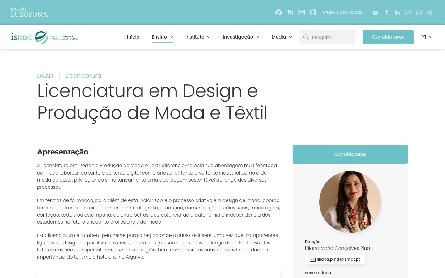 The website of ISMAT – Design e Produção de Moda e Têxtil