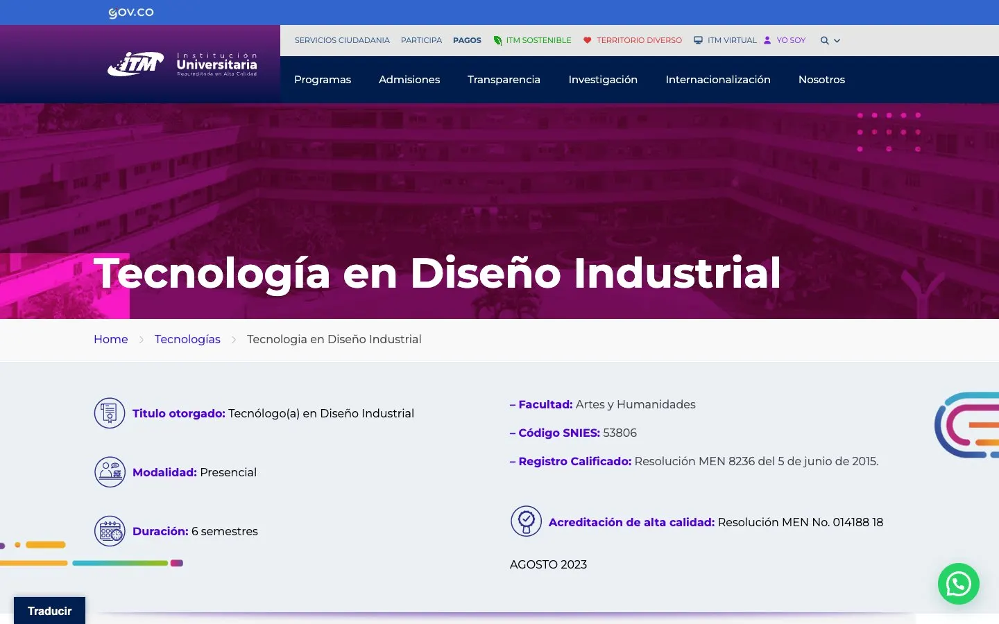 The website of ITM – Tecnología en Diseño Industrial