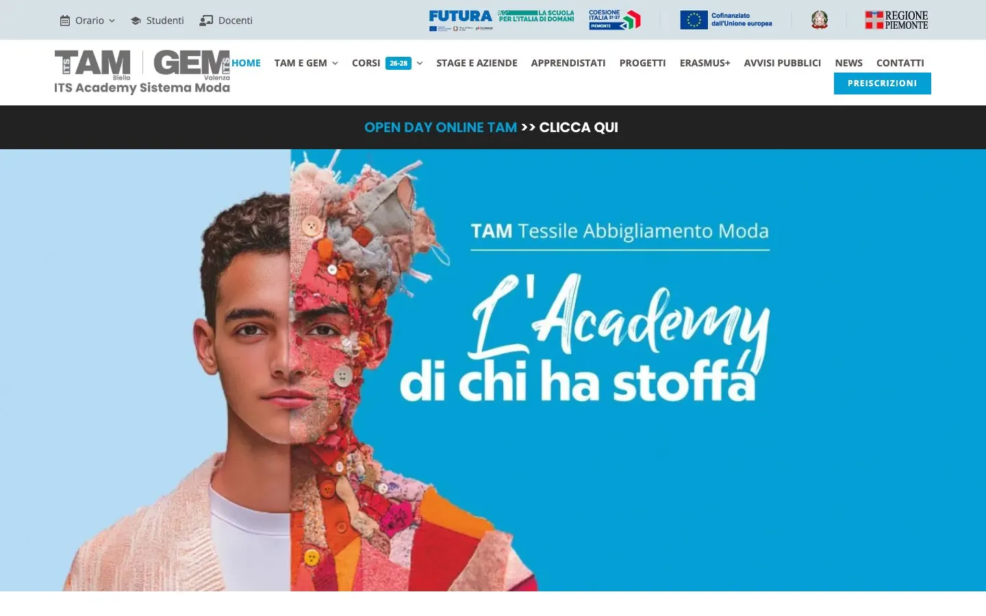 The website of ITS TAM – Tessile Abbigliamento Moda