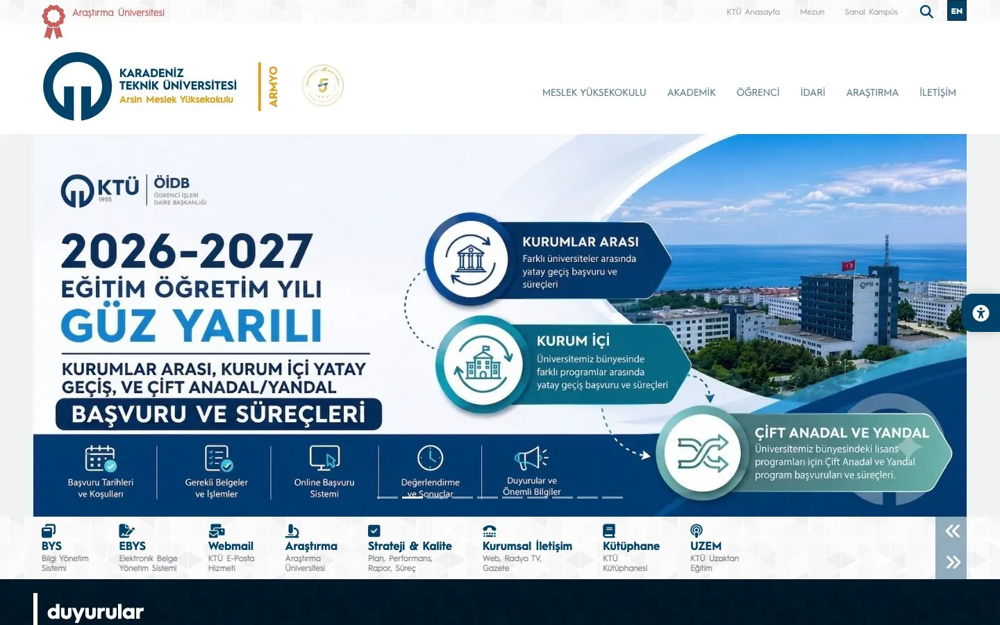 The website of Karadeniz Teknik Üniversitesi – Arsin Meslek Yüksekokulu