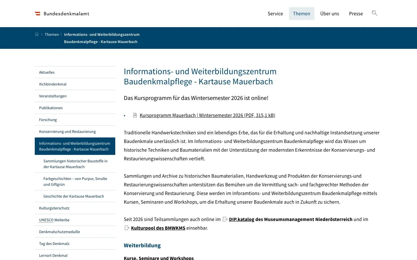 Die Website von Kartause Mauerbach – Informations- und Weiterbildungszentrum Baudenkmalpflege