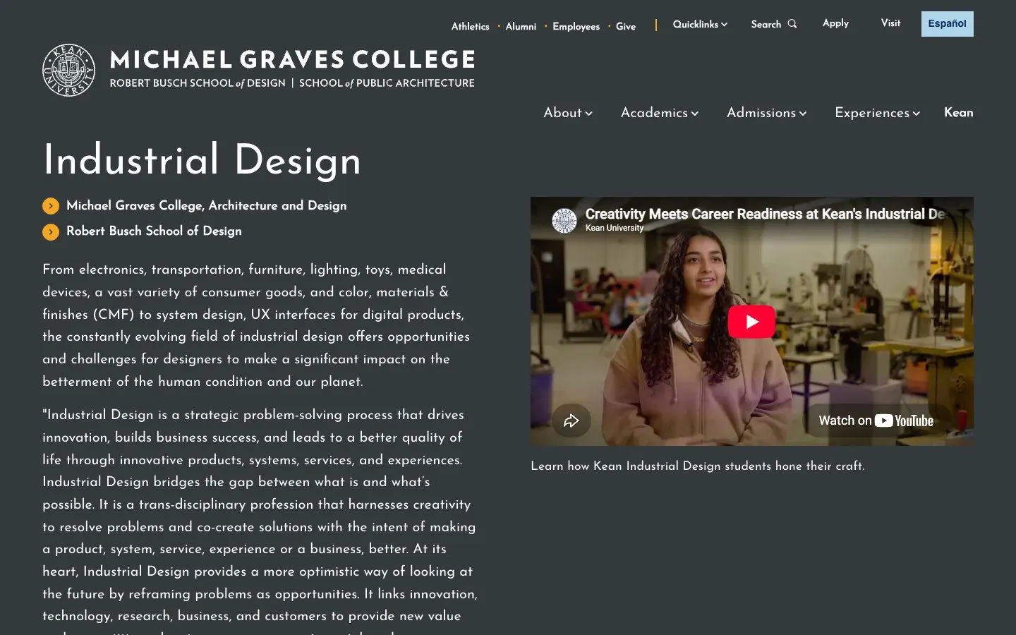 The website of Kean University – Robert Busch School of Design (Industrial Design)