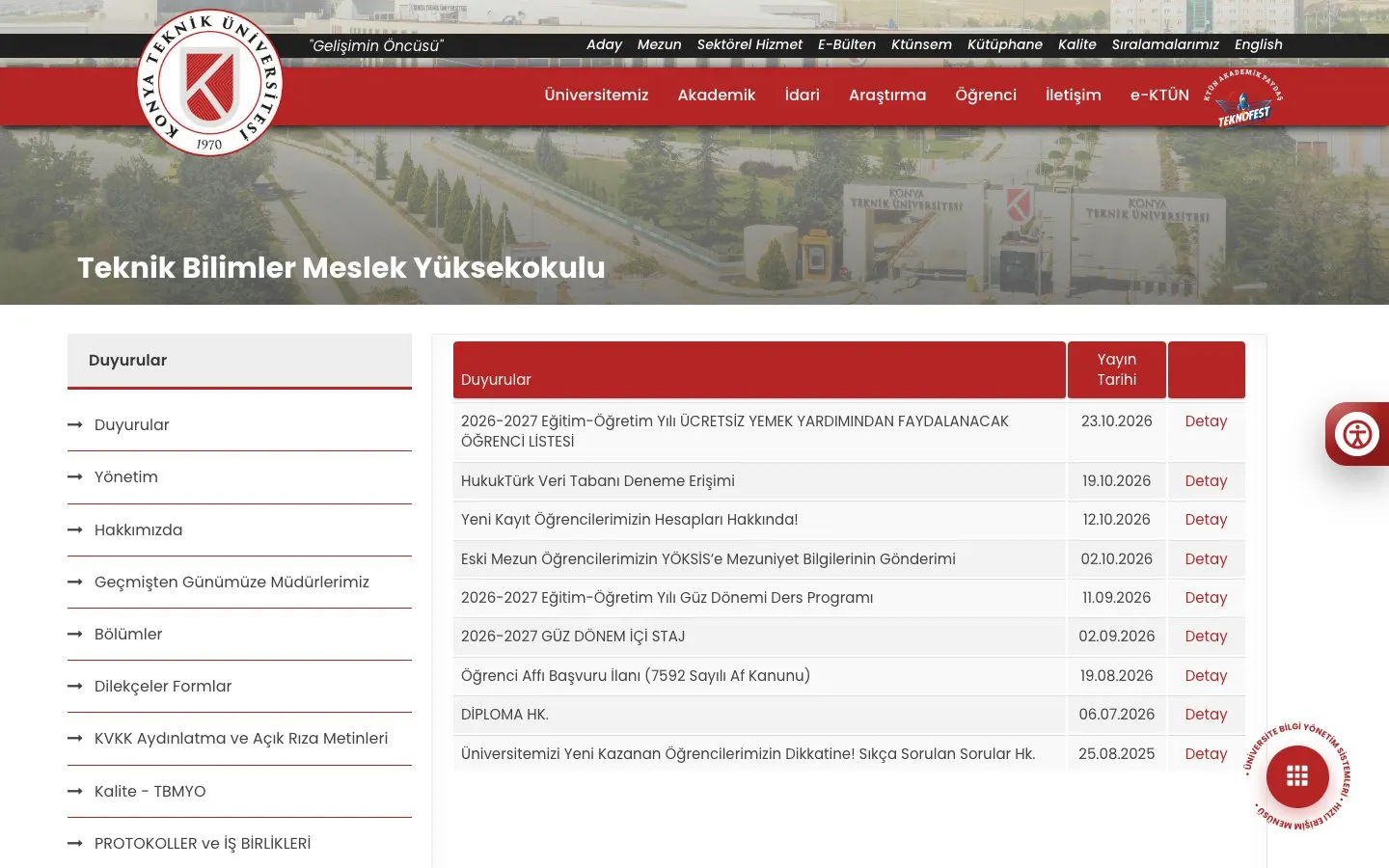 Konya Teknik Üniversitesi – Teknik Bilimler Meslek Yüksekokulu 的网站