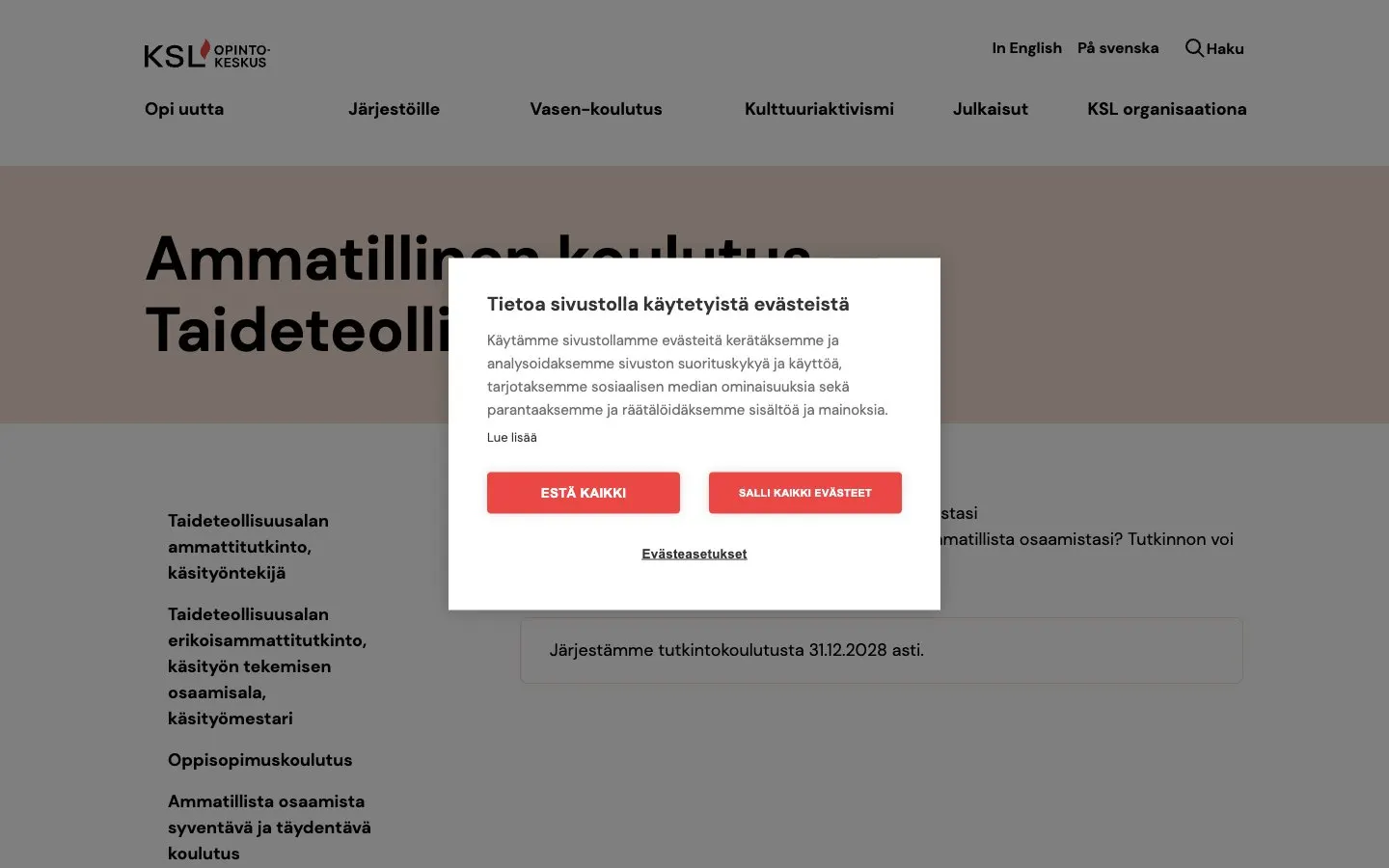 The website of KSL-opintokeskus – Taideteollisuusala