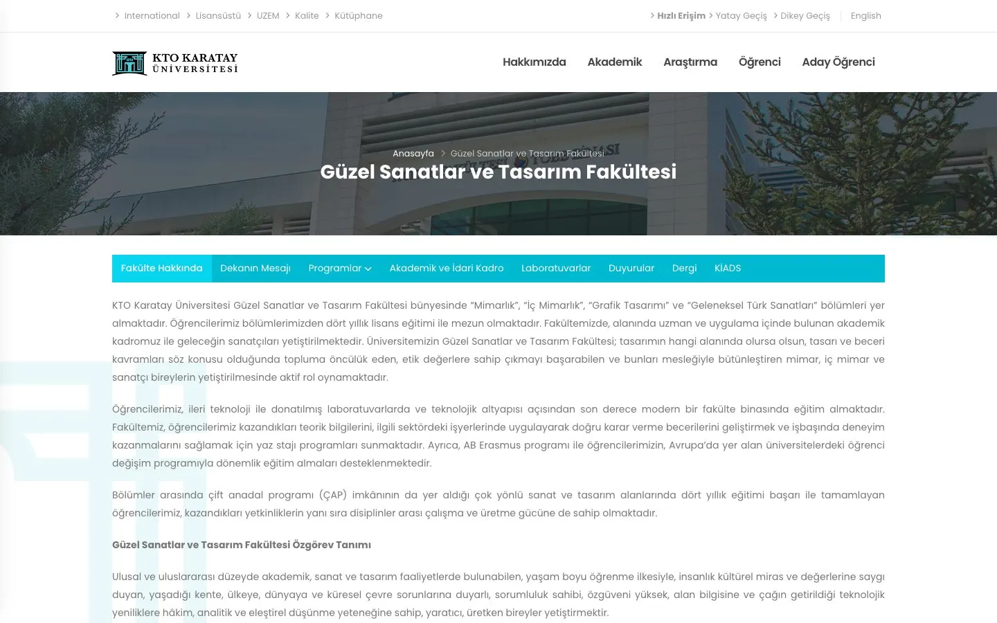 KTO Karatay Üniversitesi – Güzel Sanatlar ve Tasarım Fakültesi की वेबसाइट