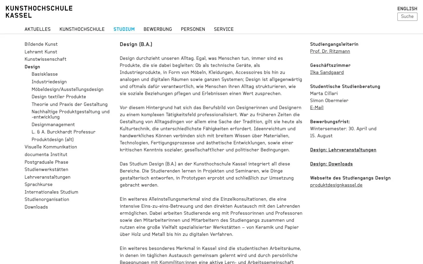 The website of Kunsthochschule Kassel – Design