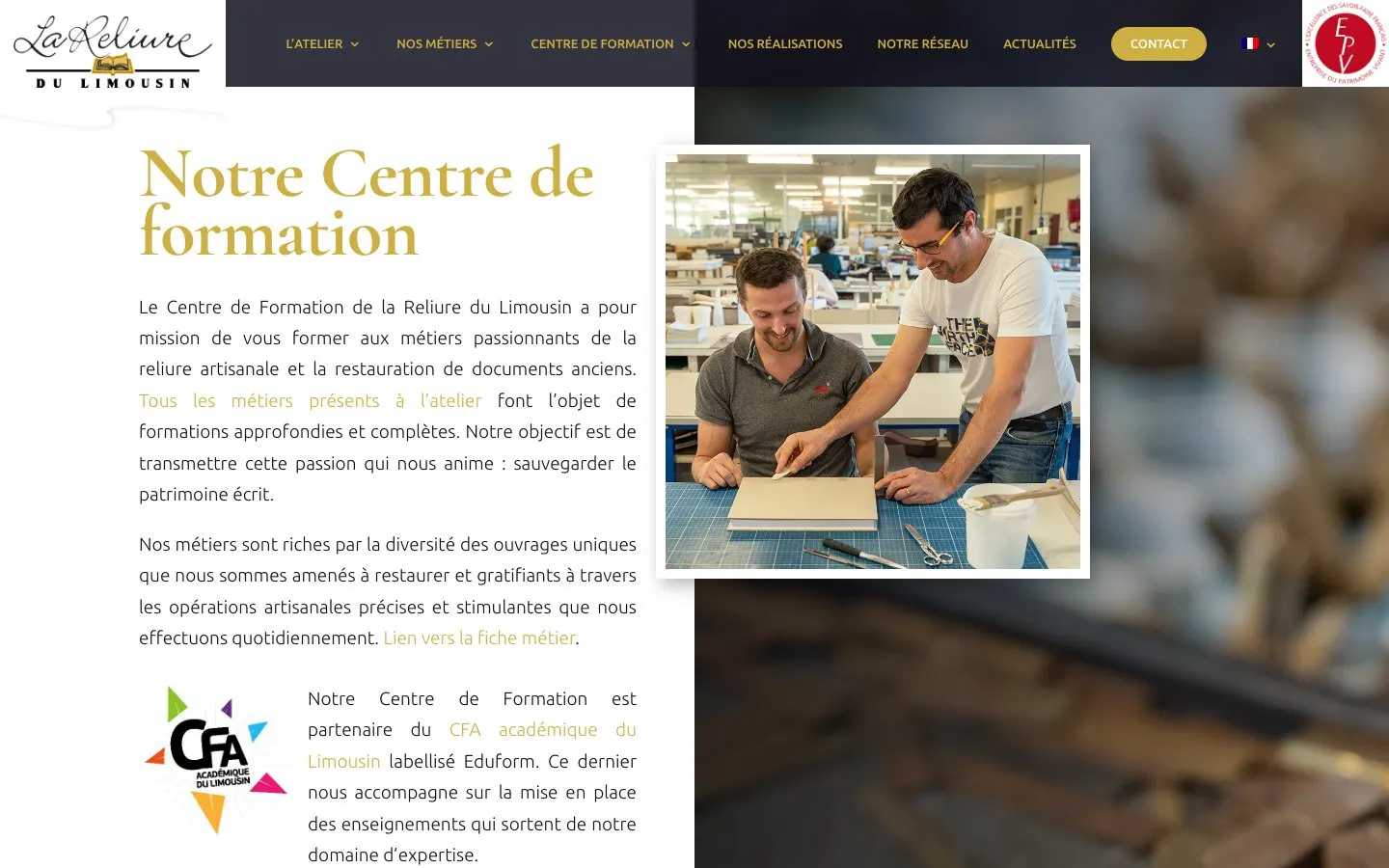 The website of La Reliure du Limousin – centre de formation