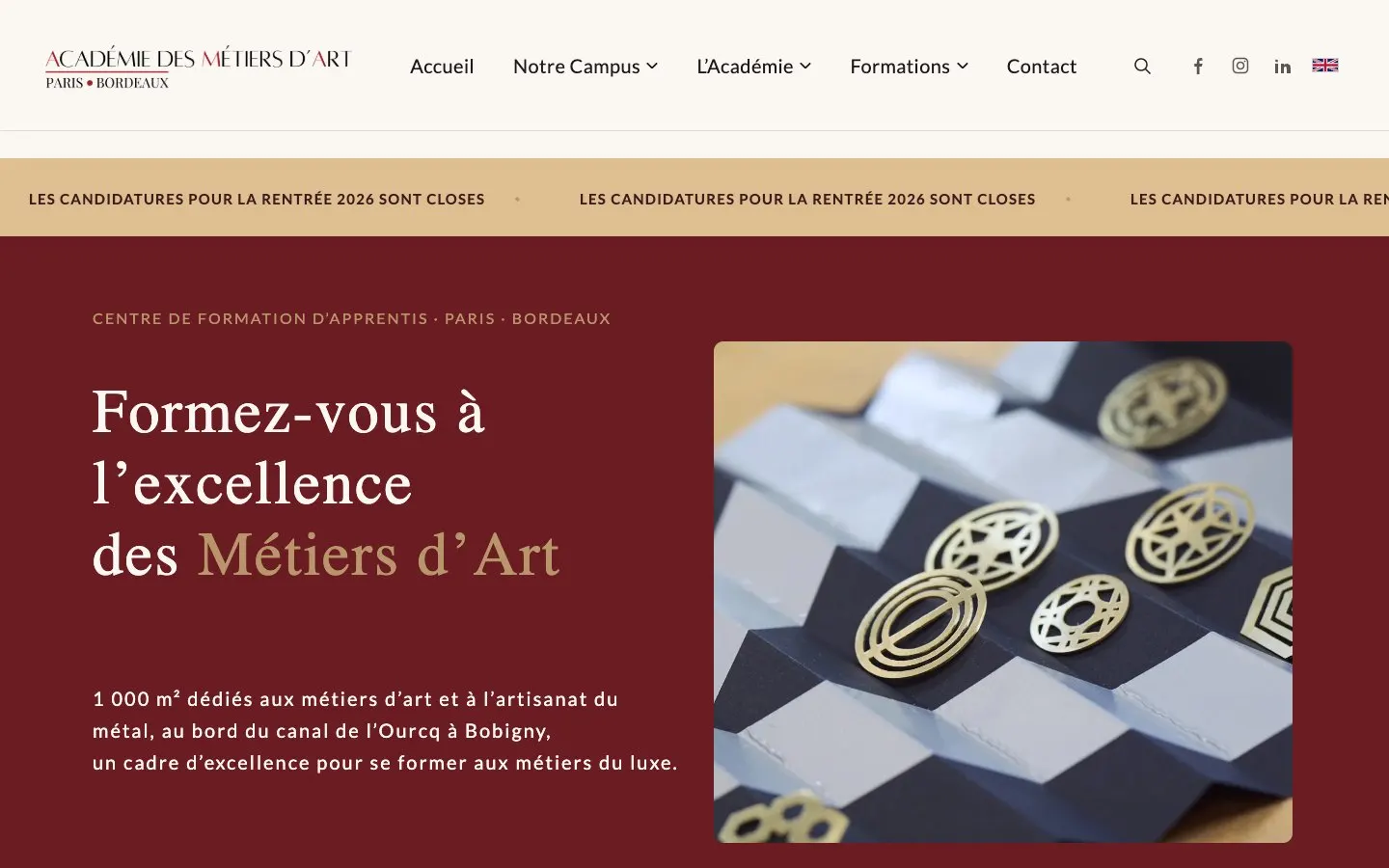 The website of L'Académie des Métiers d'Art