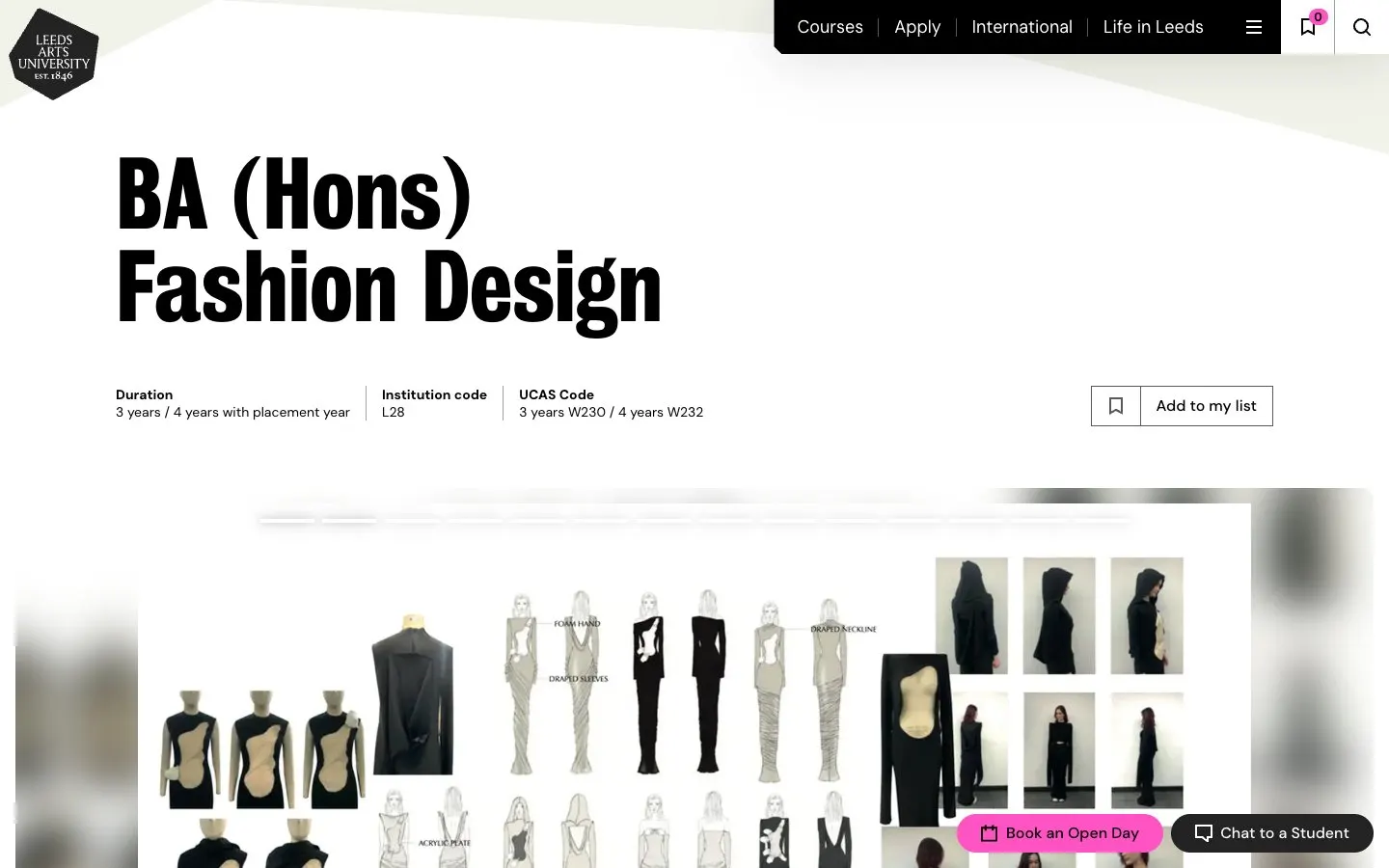 Die Website von Leeds Arts University – Fashion and Textile Design