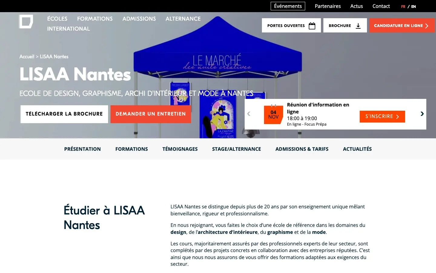 The website of LISAA Nantes