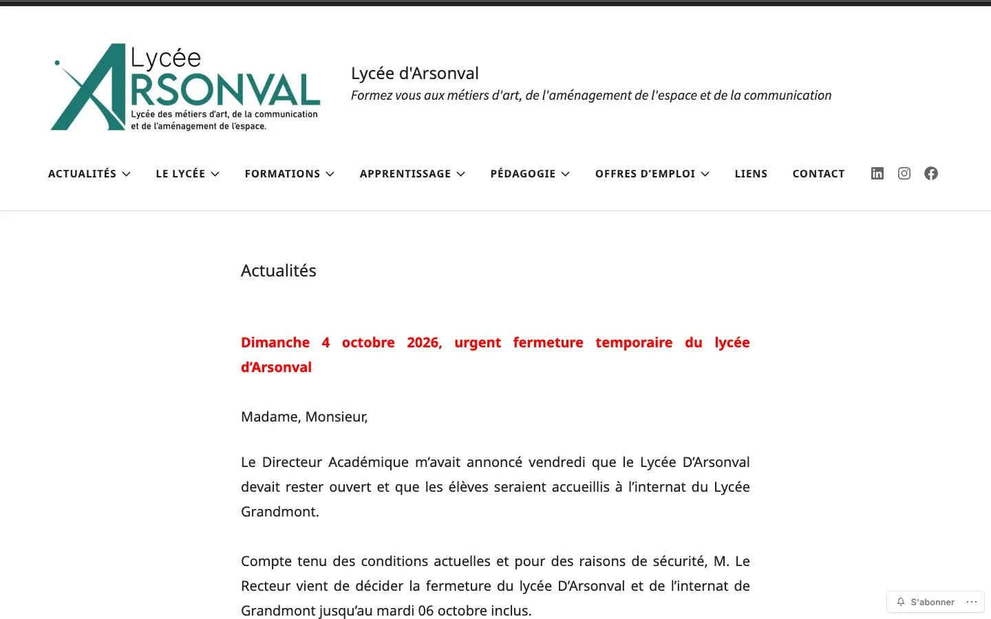 The website of Lycée d'Arsonval