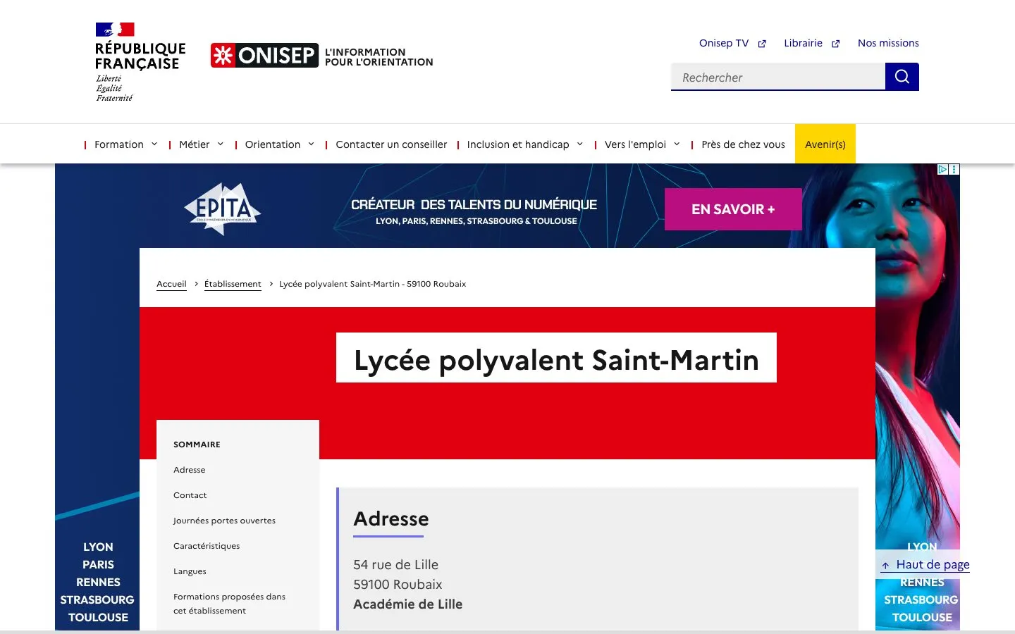 The website of Lycée privé Saint-Martin