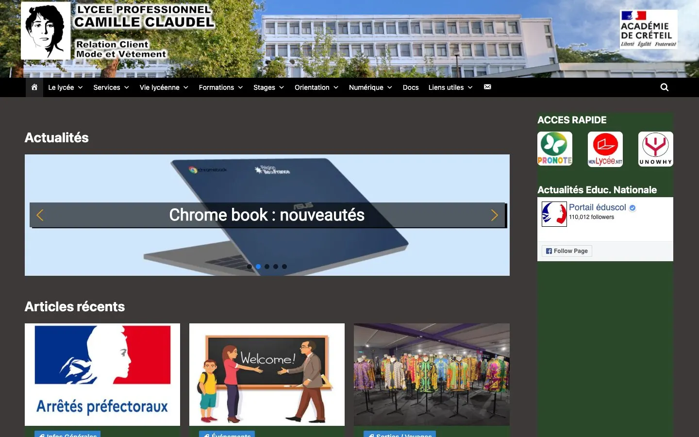The website of Lycée professionnel Camille Claudel